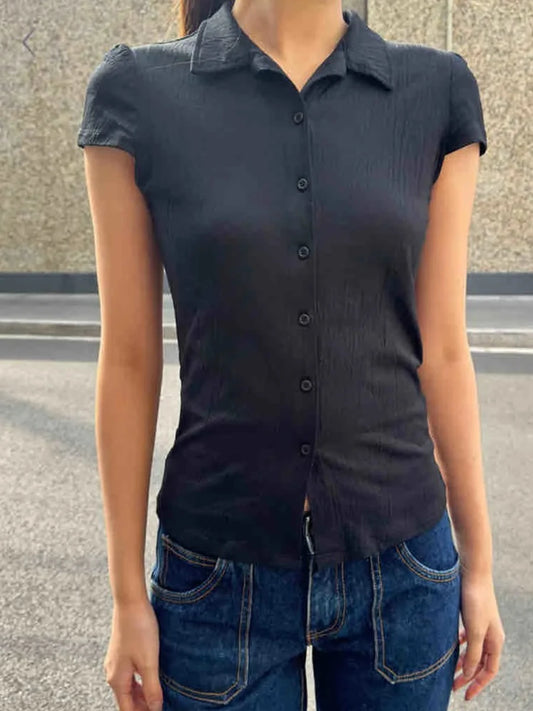 Black Texture Buttons Short Sleeve Tees Women Casual Turn Down Collar Preppy Style Tops Harajuku Vintage Chic Cute T-shirts Y2K