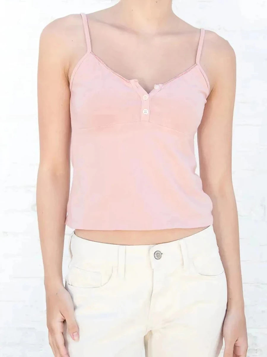 Red Polka Dot Two Button Cotton Tank Top Women New Casual Slim Sexy Lace Trim Cropped Vests Female Vintage Simple Chic Camis Y2K