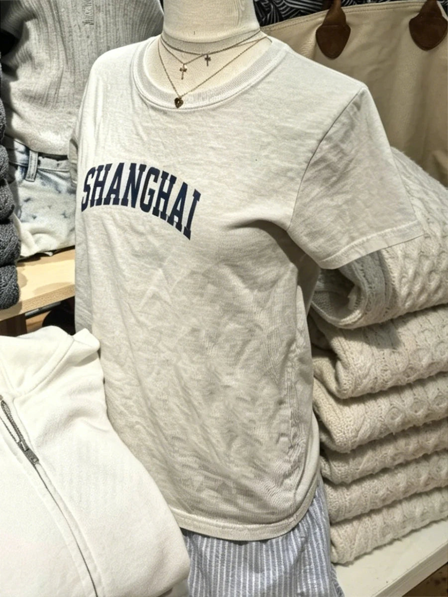 SHANGHAI Print Cement Gray T-shirts Women Casual Letter O-neck Short Sleeve Cotton Tee Shirts Vintage Chic Tshirts Y2k Tops