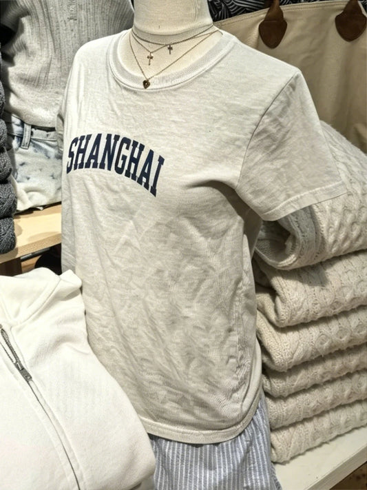 SHANGHAI Print Cement Gray T-shirts Women Casual Letter O-neck Short Sleeve Cotton Tee Shirts Vintage Chic Tshirts Y2k Tops