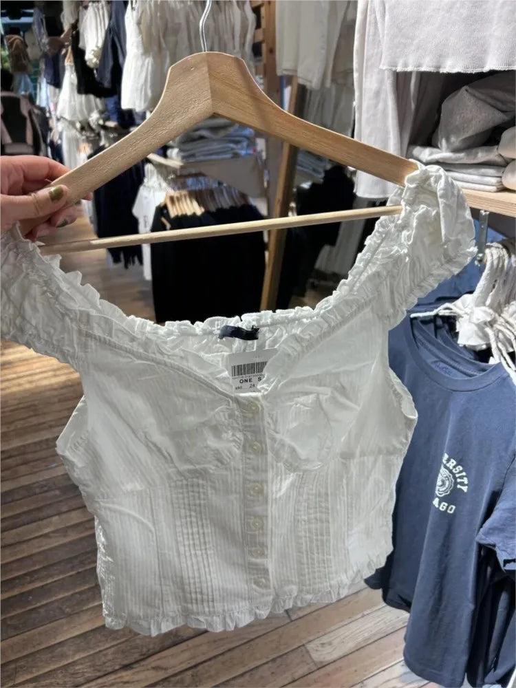 White Buttons V-neck Slim T-shirts Women Summer Lace Trim Retro Cotton Short Sleeve Tees Female Sweet Cute Street Tops Y2K