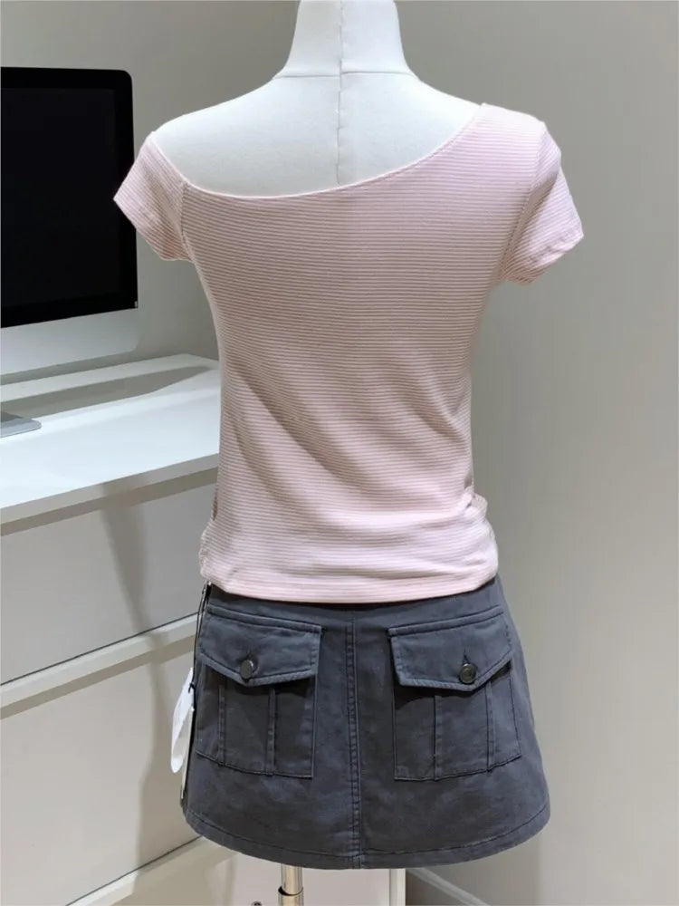 Pink Striped Crop Tops Women Summer Sexy Slash Neck Slim Cotton Short Sleeve Tees Female Chic Sweet Preppy Style T-shirts New