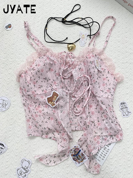 Sweet Pink Floral Irregular Straps Camisole Women New V-neck Slim Sexy Sleeveless Cropped Vests Vintage Chic Cute Tank Tops Y2K