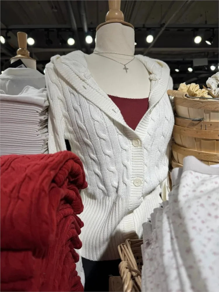 Gray Twist Flower Sweater Cardigan Women Autumn Buttons Slim Hooded Long Sleeve Knitted Hoodie Sweet Cute Preppy Style Sweaters