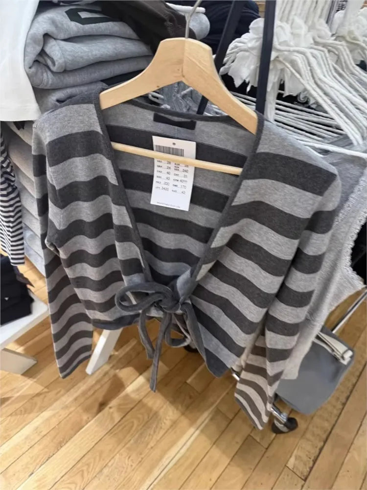 Striped Lace-up T-shirt Cardigan Spring Cotton V-neck Slim Long Sleeve Wrap Smock Female Vintage Sweet Crop Tops New Knitwear