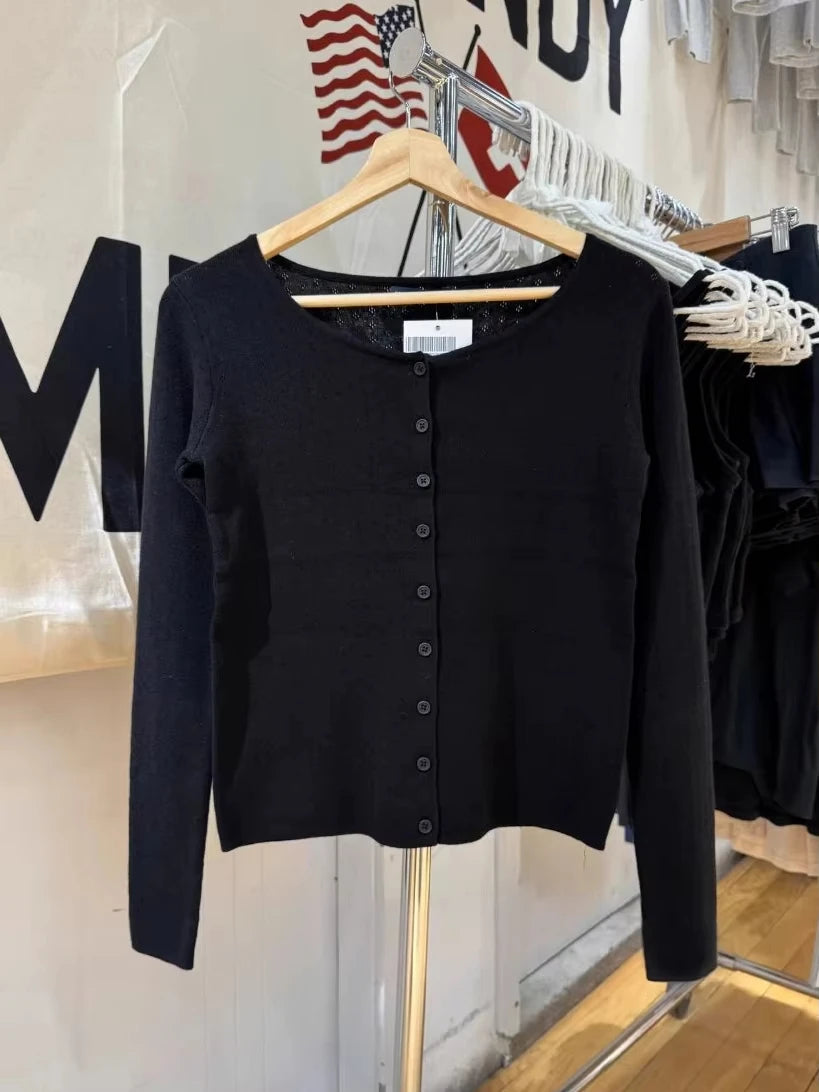 Eyelet Knitted Cardigan Women Autumn Casual Streetwear Black Long Sleeve Sweater Coat Simple Basic Preppy Style Sweaters Tops