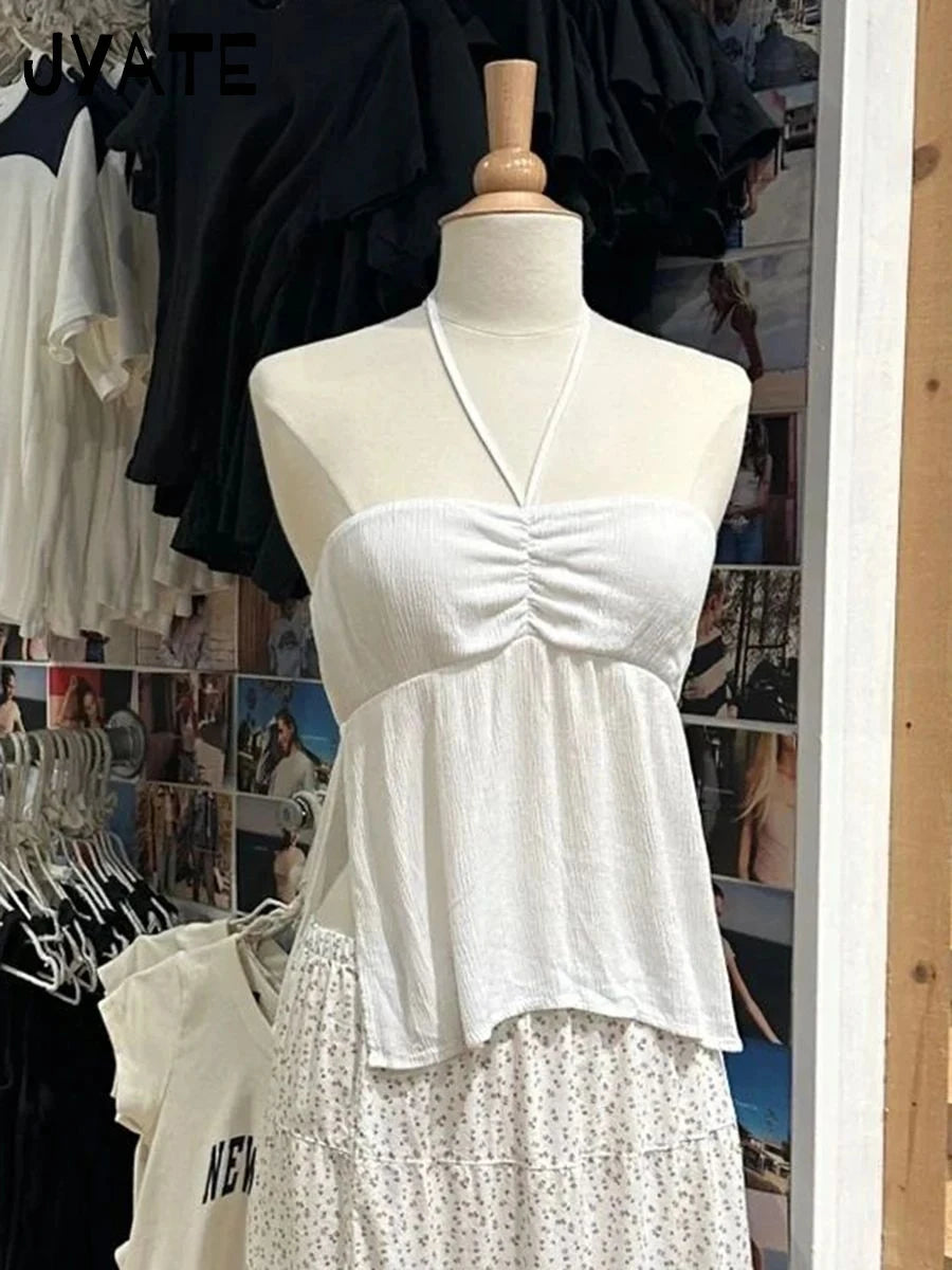 Sweet Navy Floral Drawstring Strapless Tank Tops Women New Streetwear Side Split Slim Cropped Vest Summer Vintage Chic Camis Y2k