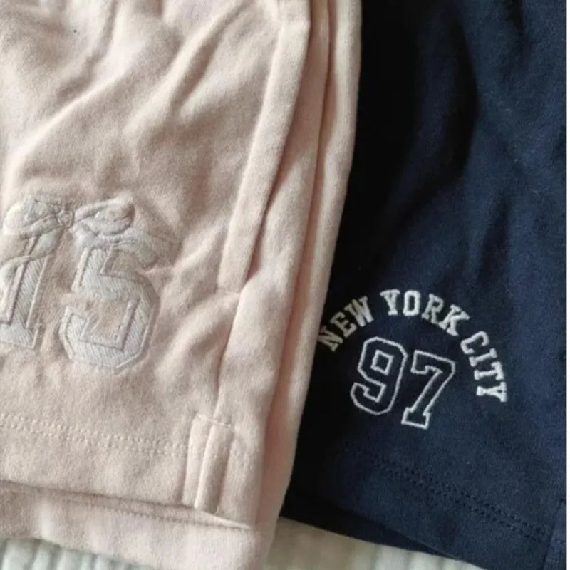 Pink Letter Embroidery Sports Shorts Women New Casual Pockets Drawstring Elastic High Waist Short Cute Sweet Simple Short Pants