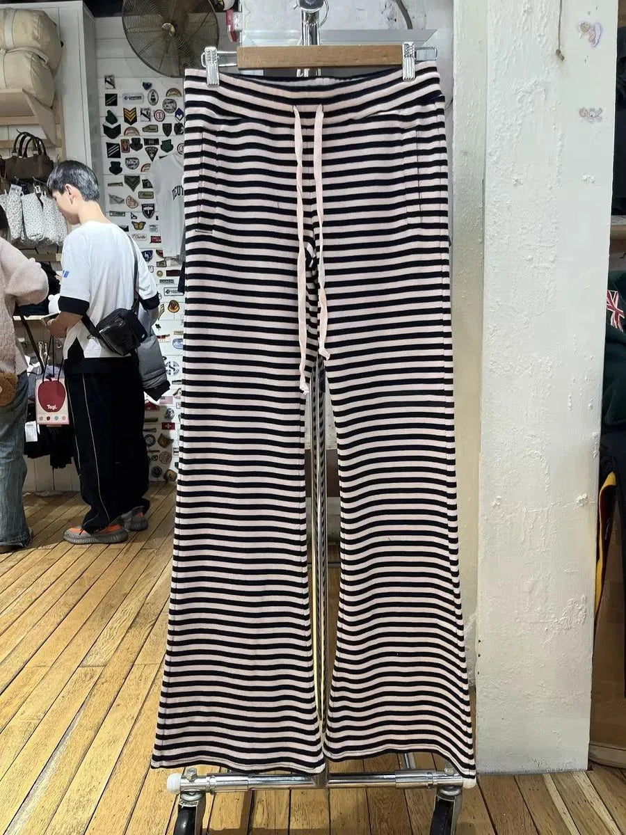 Cute Pink Striped Drawstring Wide Leg Pants Women Cotton Soft High Waist Casual Sweatpant Chic Sweet Preppy Style Y2K Trousers