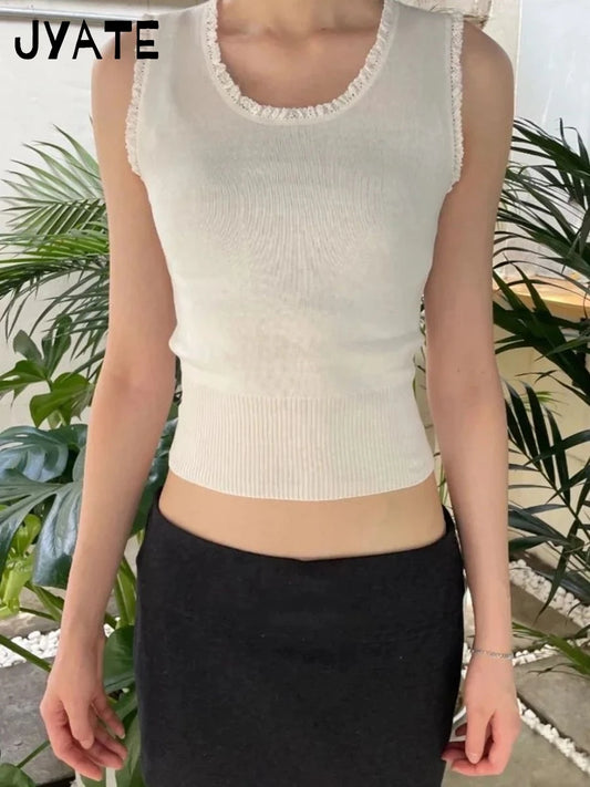 Sweet White Fungus Trim Knitted Tank Tops Women Cotton Soft Round Neck Slim Sleeveless Vests Vintage Simple Casual Crop Top Y2K