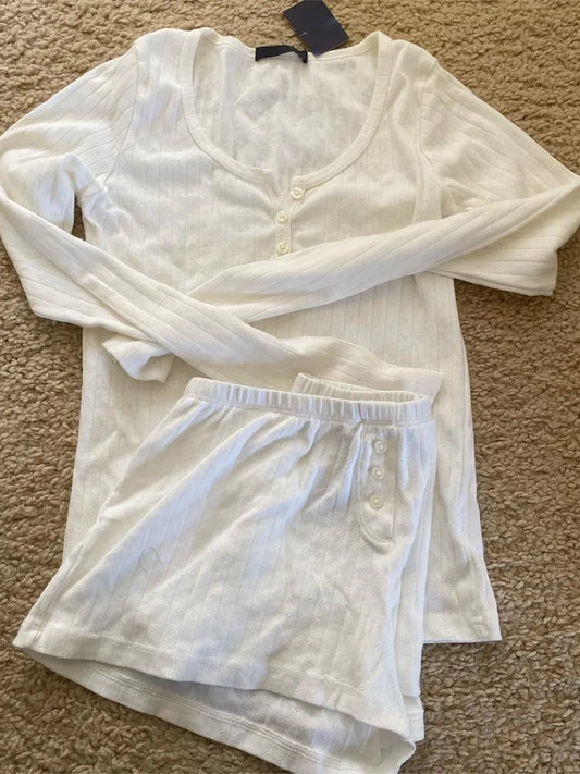 Sweet Eyelet Long Sleeve T-shirt Shorts Set Women Cotton Buttons Home Pajama 2 Piece Sets Slim Tees+Elastic Straight Sweatshort