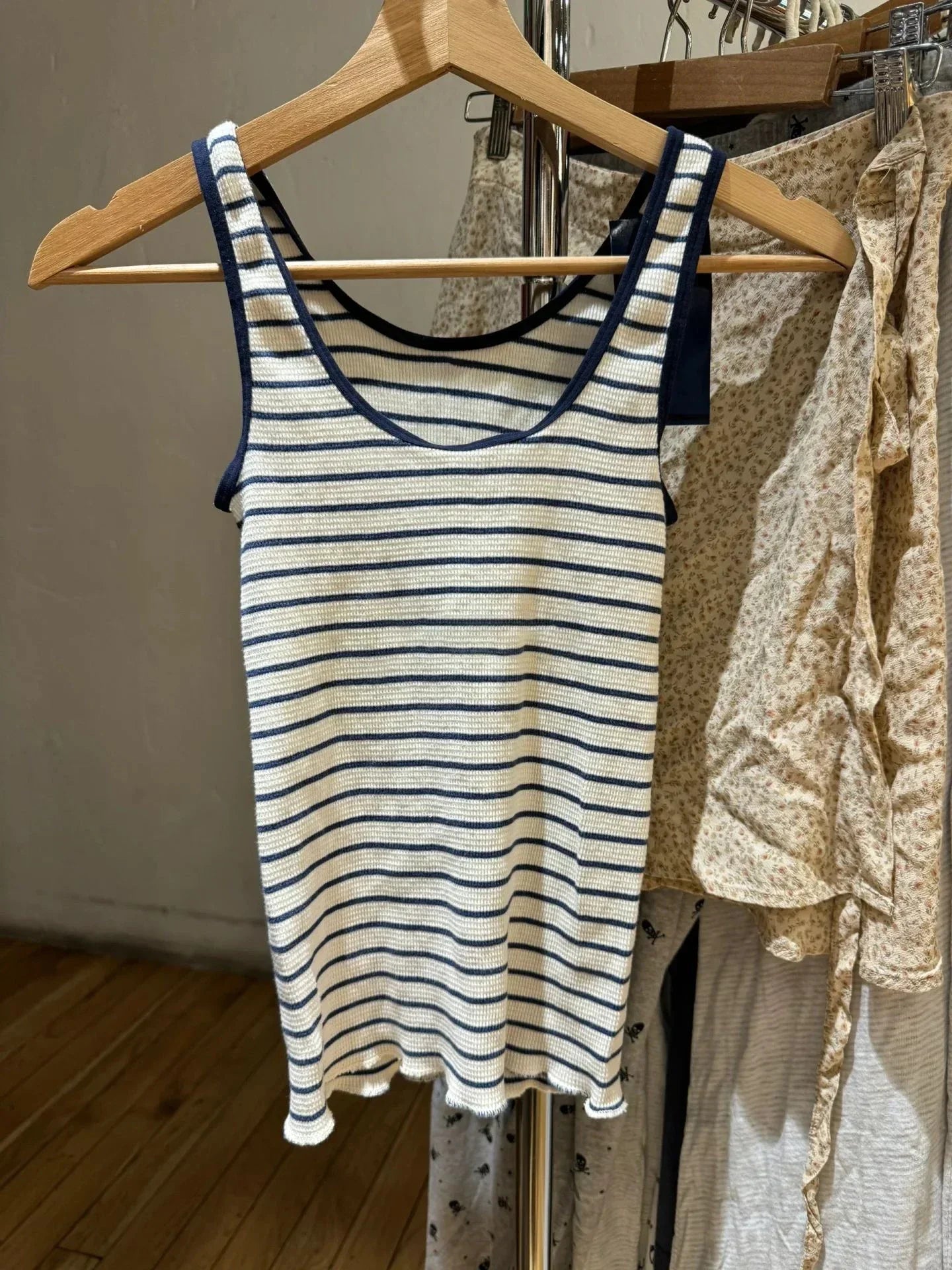 Vintage Navy Striped Waffle Slim Tank Top Women Summer New U Collar Sleeveless Camisole American Streetwear Sweet Vest Y2k Tops