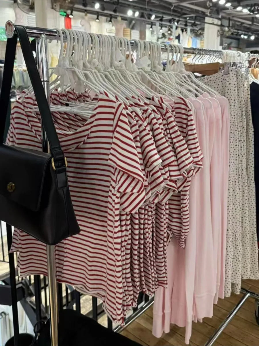 Red Striped Raw Hem Crop Tops Women Summer Sexy Slash Neck Slim Cotton Short Sleeve Tees Female Vintage Chic Sweet T-shirts New