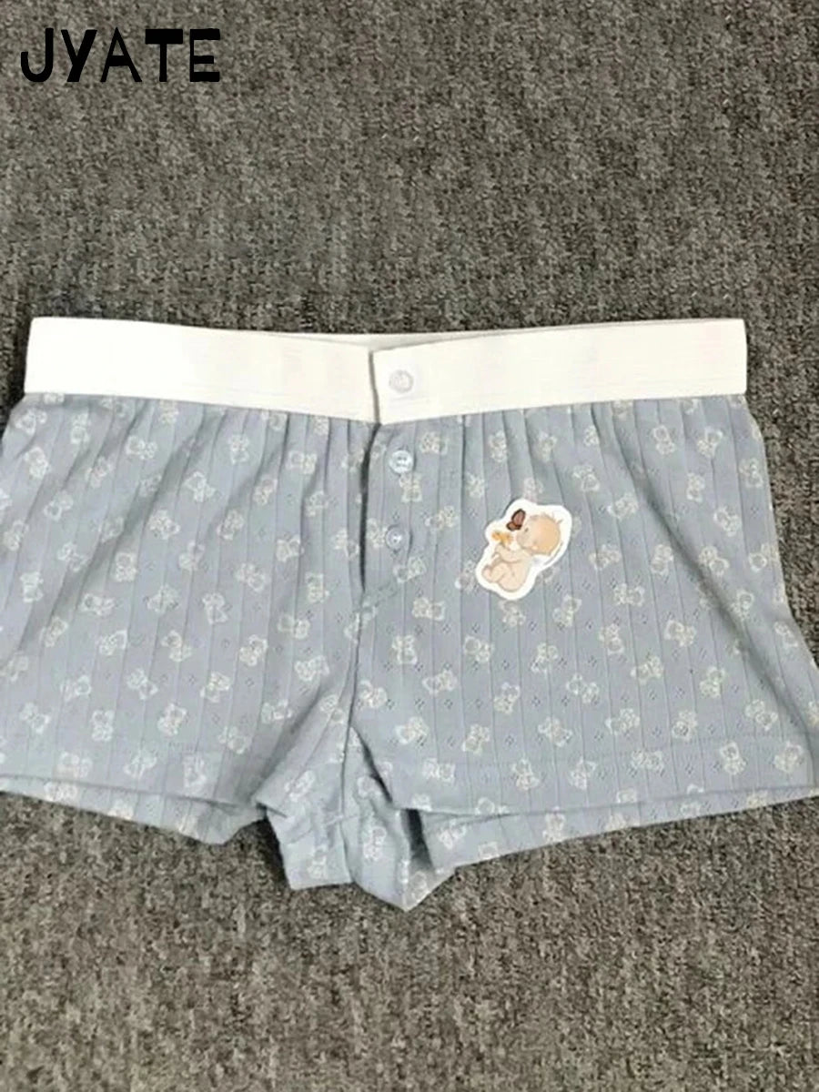 Little Duck Print Patchwork Short Pants Women New Cotton High Waist Buttons Straight Home Underwear Sweet Cute Casual Shorts Y2K