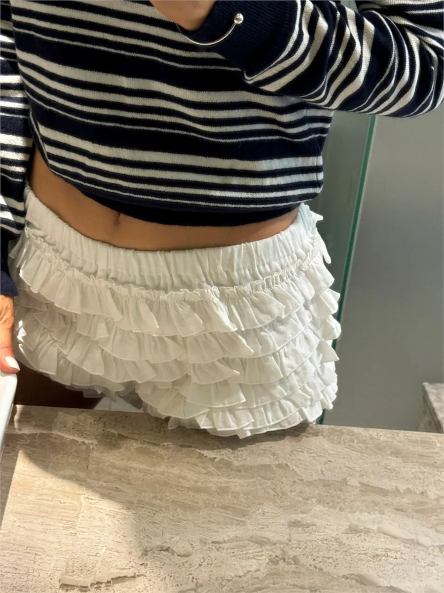 New Folds Ruffles Balletcore Shorts Women Summer Casual Elastic Low Waist Short Pants Sweet Cute Preppy Style Straight Bottoms