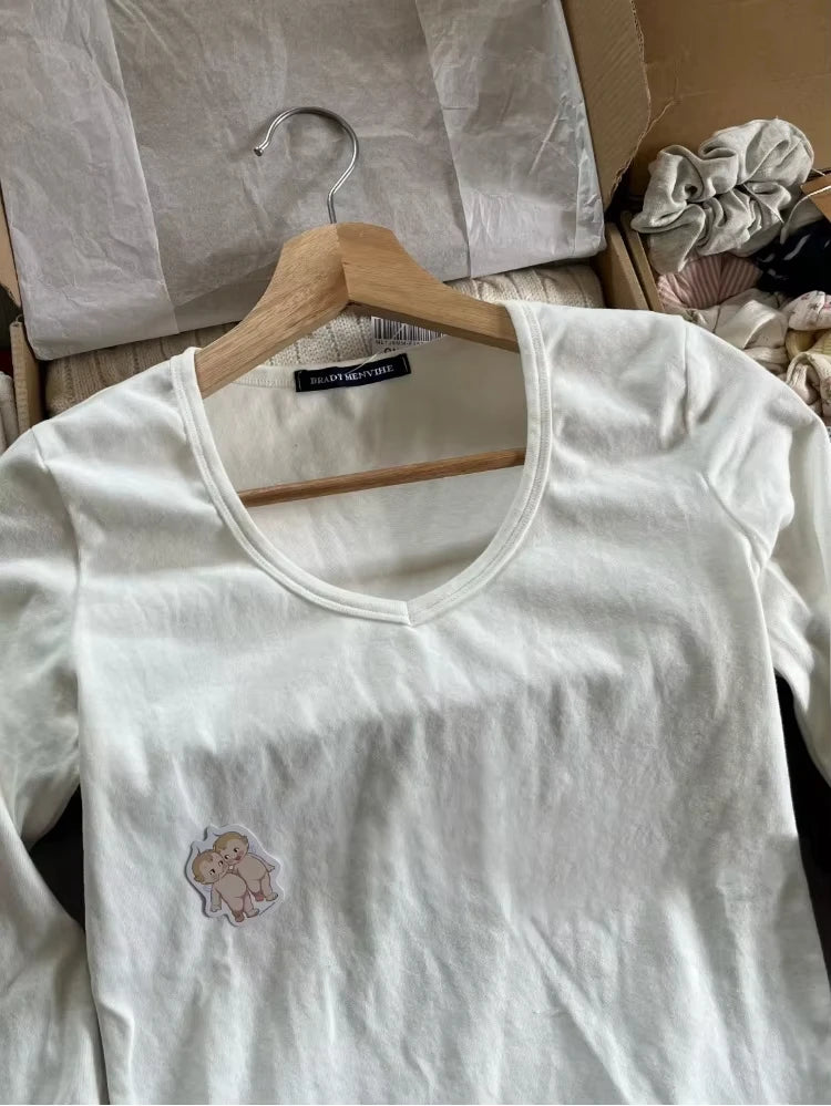 Solid V-neck Basic Long Sleeve Tees Women New Cotton Soft Simple Casual SlimTops Clothes All-match Simple T-shirts Spring