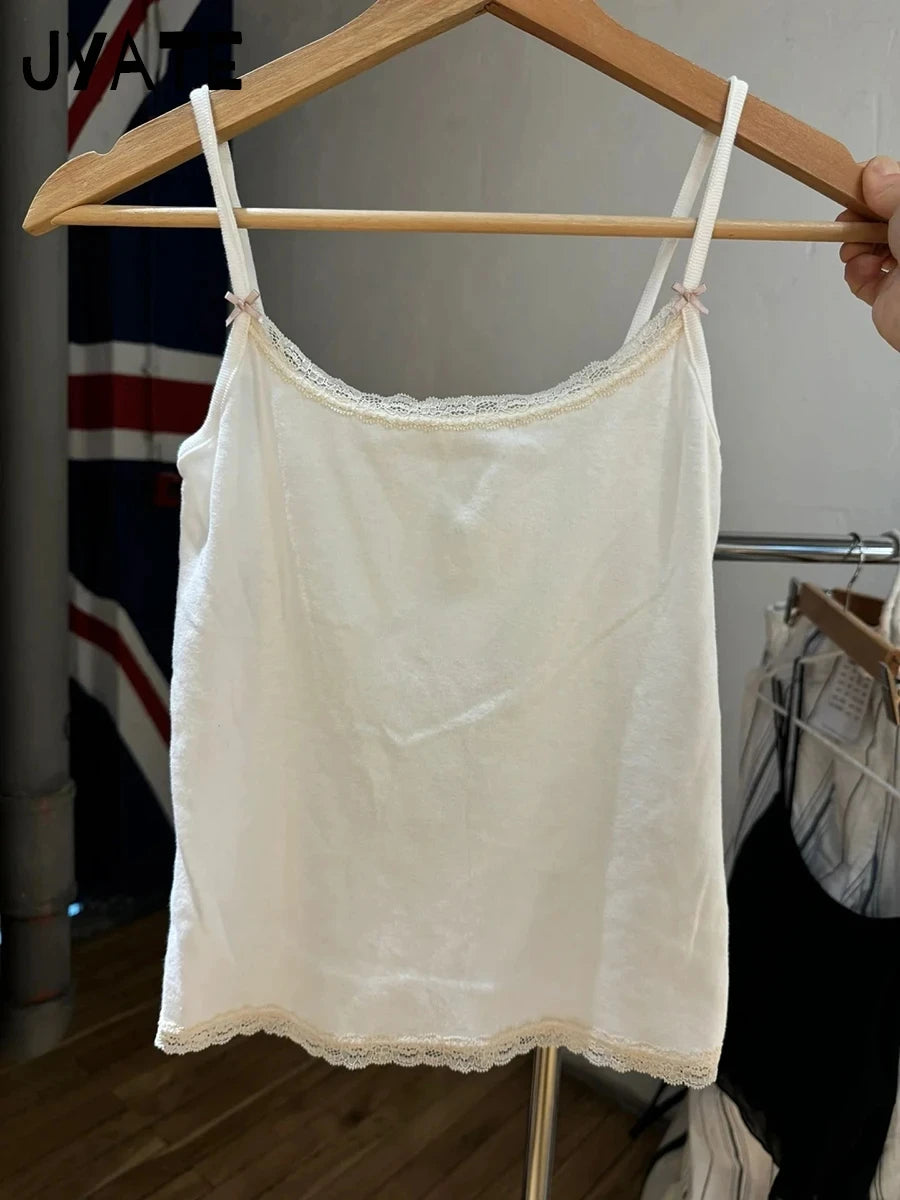 White Lace Trim Bow Slim Tank Tops Women Summer New Cotton Casual Basic Sleeveless Cropped Vests Sweet Chic Vintage Camisole Y2K