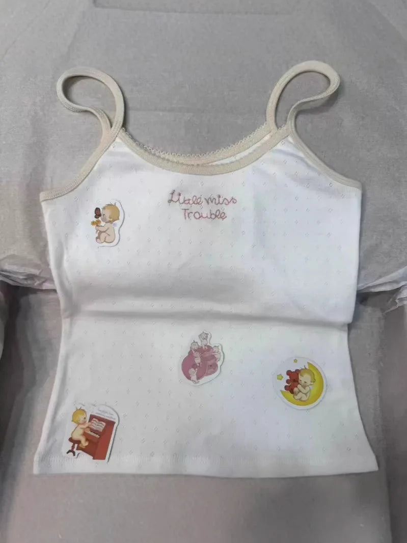Letter Embroidery Eyelet Camisole Women New Cotton Soft Lace Trim Casual Slim Sleeveless Cropped Vests Sweet Cute Tank Tops Y2K