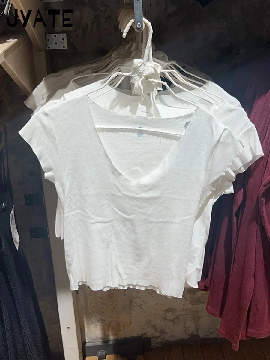 Simple Basic White V-neck T-shirts Women Summer Cotton Soft Casual Preppy Style Short Sleeve Tees Sweet Chic Y2K T Shirt Clothes