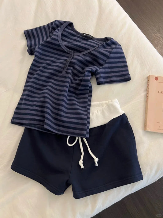 Striped Cotton T-shirt Shorts Outfit Women Navy O-neck Slim Tees +Buttons Straight Sweatshirt Sweet Cute Home 2 Pieces Set Y2K