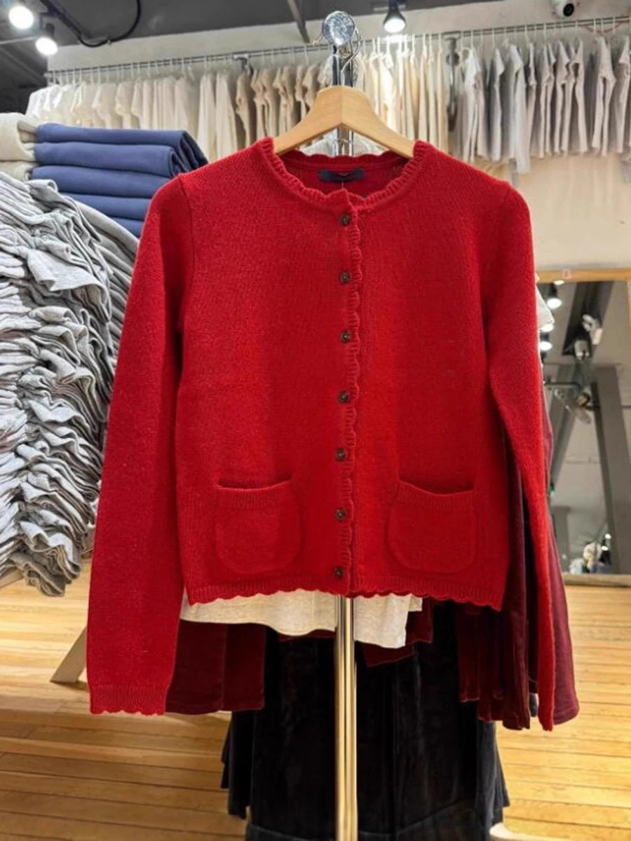 Pink Sweet Pocket Knit Sweater Coat Women Autumn Lace Trim Neck Button Casual Solid Jumper Tops Sweet Cute Preppy Style Cardigan