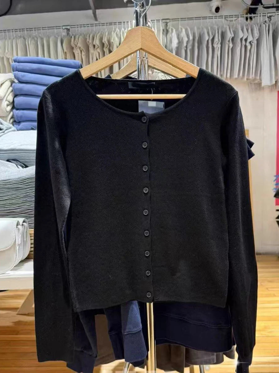 Eyelet Drak Gray Cotton Cardigan Women Autumn Casual Streetwear  Buttons Knitted Long Sleeve Tees Simple Sweet Basic Tops New