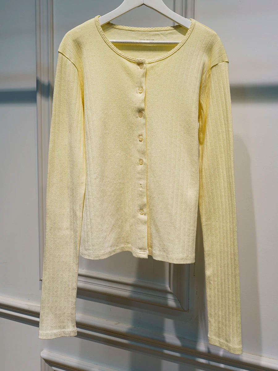 Eyelet Slim Single Breasted T-shirt Women Autumn Preppy Style O-neck Cotton Long Sleeve Tee Shirts Cute Vintage Sweet Tops Y2K