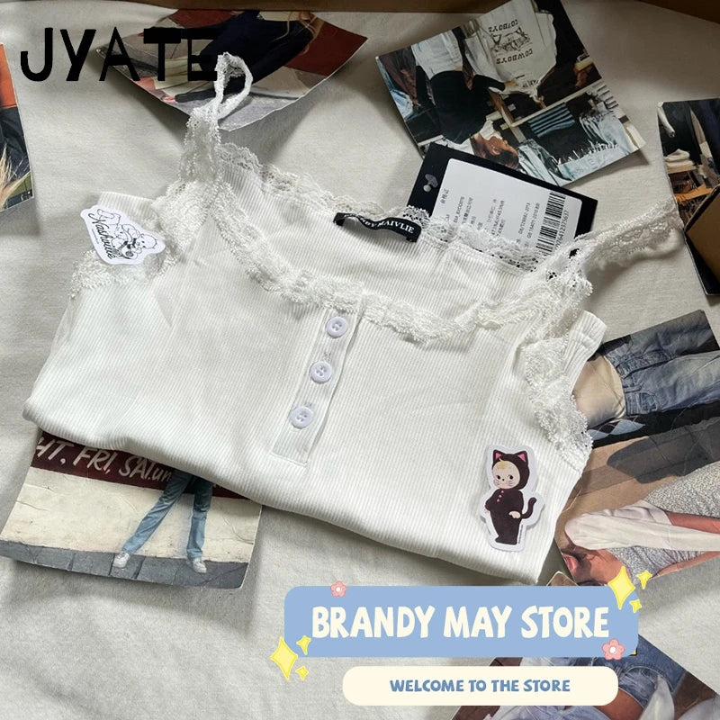 White Lace Trim Patchwork Sleeveless Vest Women New Buttons Cotton Ribbed Basic Tank Tops Female Sweet Chic Vintage Camisole Y2K