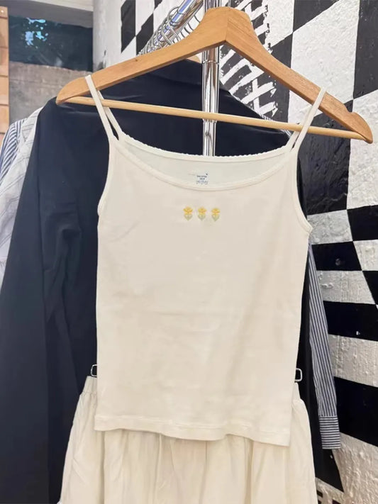 Three Floral Embroidery Slim Tank Top Women Preppy Style Lace Trim Cotton Camisole Female Vintage Sweet Cute Crop Top Y2K Vests