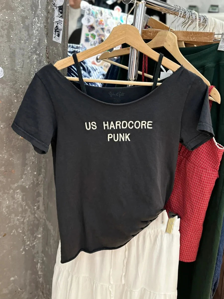 Letter Print Slash Neck T-shirts Women Summer New Black Raw Hem Cotton Short Sleeve Tees Vintage Cute Harajuku Tshirt Y2K Tops