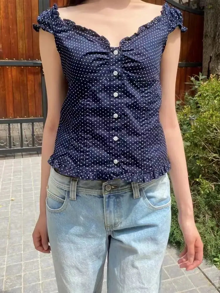 Blue Striped Folds Blouse Top Women New Casual Single Breasted Ruffle Sleeveless Tank Tops Vest Sweet Preppy Style Camisole Y2K