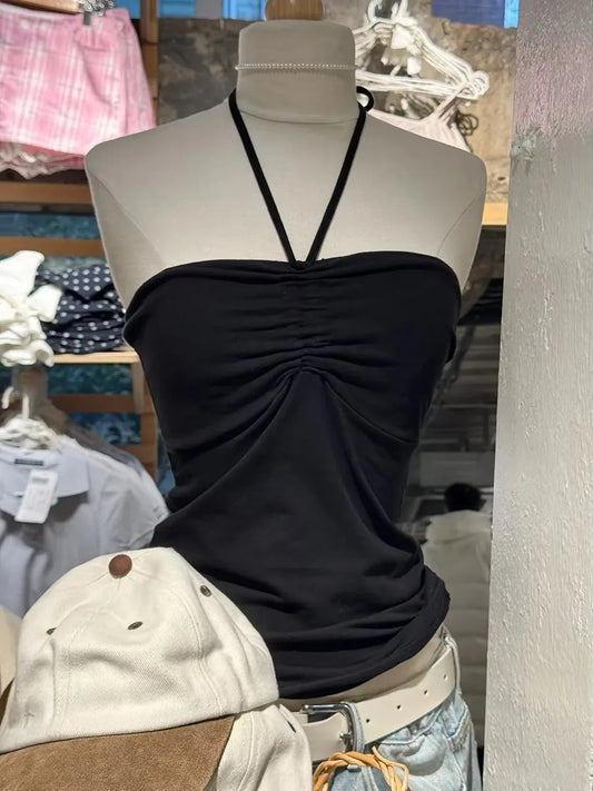 Black Drawstring Folds Strapless Tank Top Women New Summer Cotton Slim All-match Camis Sweet Harajuku Preppy Style Vest Y2K Tops