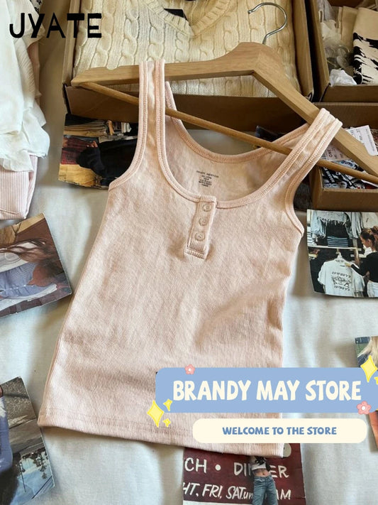 Sweet Pink Ribbed Cotton Tank Tops Women Summer New Casual Simple U Collar Slim Cropped Vests Vintage Chic Basic Camisole Y2K