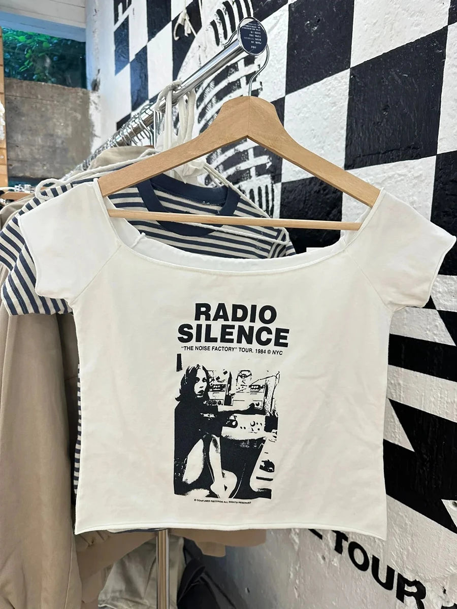 Letter Print Slash Neck T-shirts Women Simple All-match Cotton Raw Hem Short Sleeve Tees Female Vintage Sweet Y2K Crop Tops New