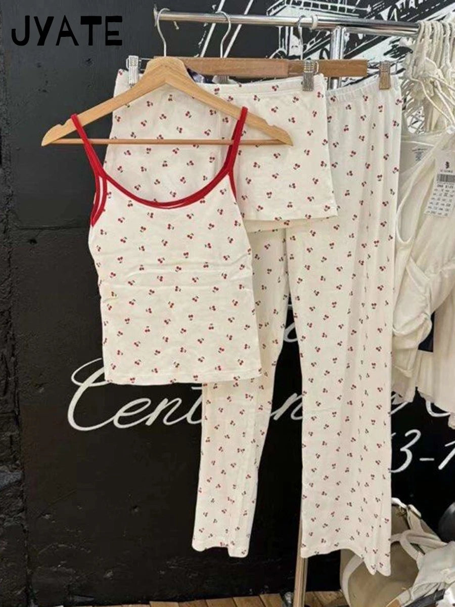 Cherry Print Patchwork Eyelet Camisole Women New Cotton Soft Casual Slim Sleeveless Cropped Vests Vintage Sweet Cute Tank Tops