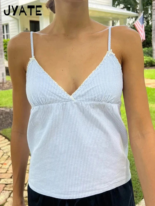 Fashion Blue Striped V-neck Bow Tank Tops Women New Cotton Casual Lace Trim Sexy Sleeveless Vests Sweet Preppy Style Camis Y2K