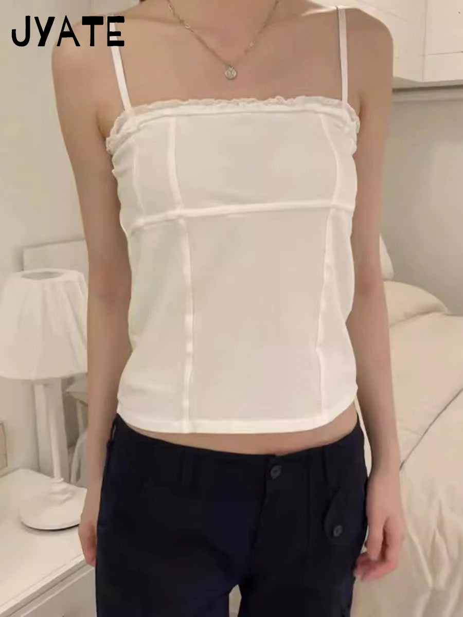 Simple Mesh Sheer Ruffle Tank Tops Women Summer Casual Lace-up Folds Sexy Shoulder Straps Camisole Sweet Cute Chic Crop Top Y2K