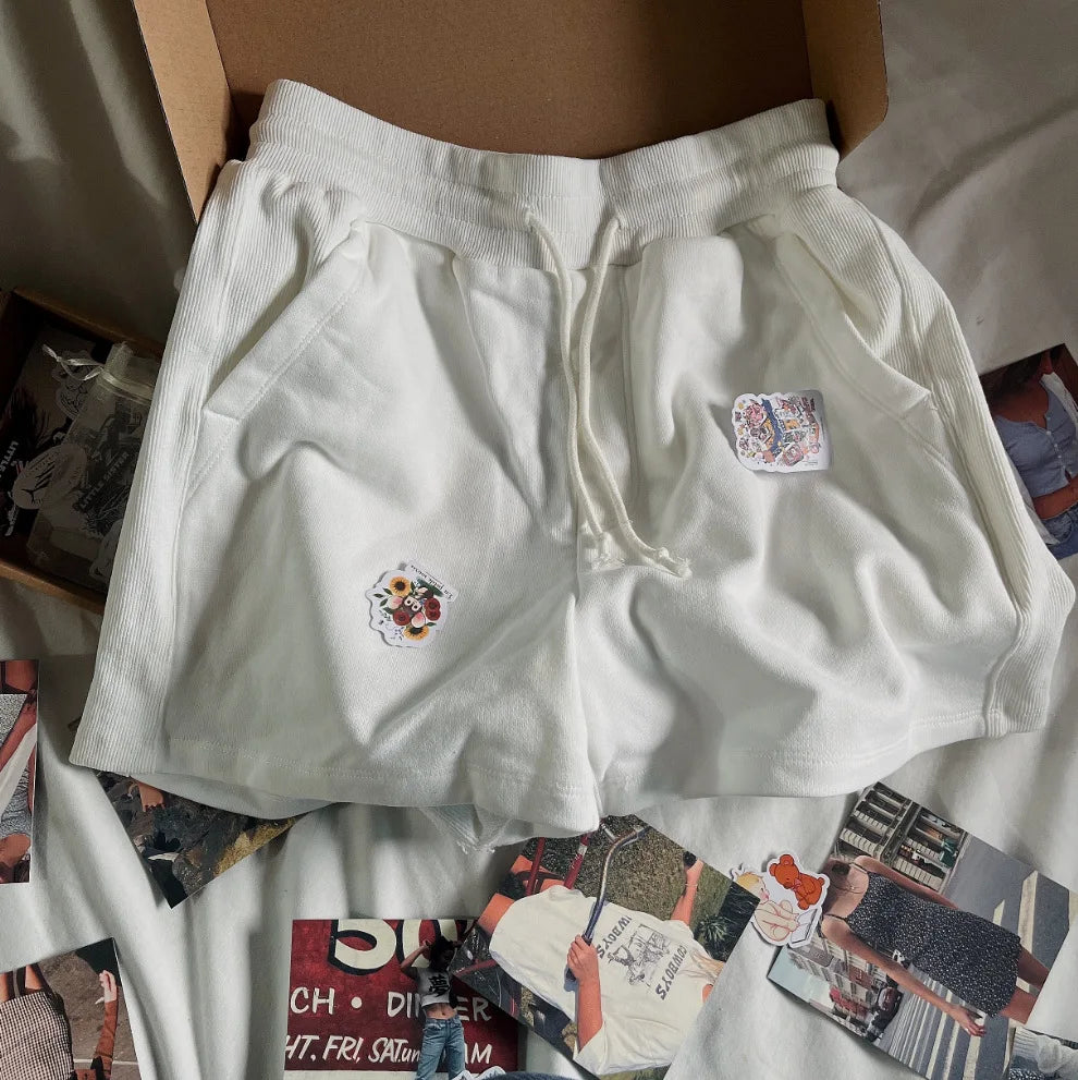 Solid Patchwork Sport Short Pant Women Casual Streetwear Loose Cotton Shorts Simple Preppy Style Bottom Clothes