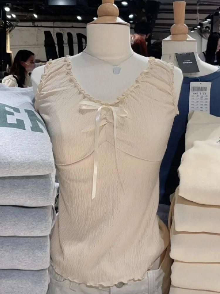 Beige Bow Folds Slim Tank Tops Women Summer New Preppy Style Ruffles V-neck Cotton Sleeveless Vests Cute Chic Sweet Camisole Y2K