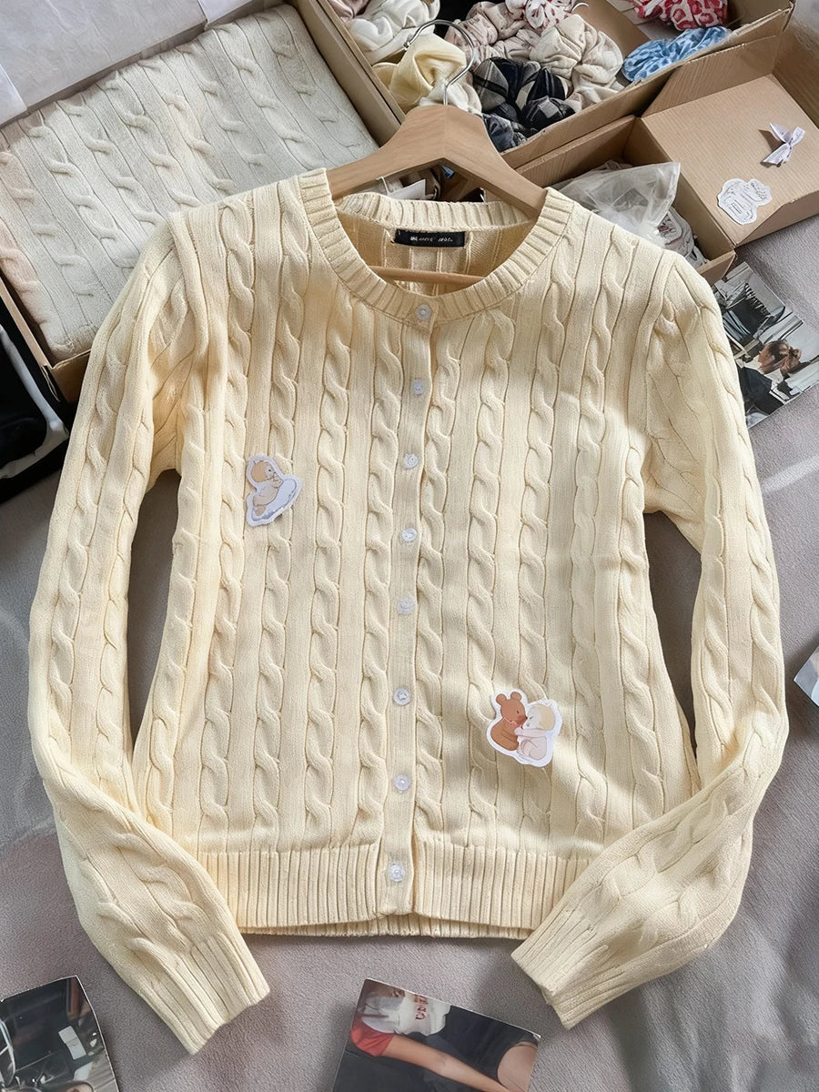 Solid Knit Twist Sweater Coat Women Autumn  O-neck Button Loose Casual Solid Jumper Tops Vintage Harajuku Y2K Chic Cardigan