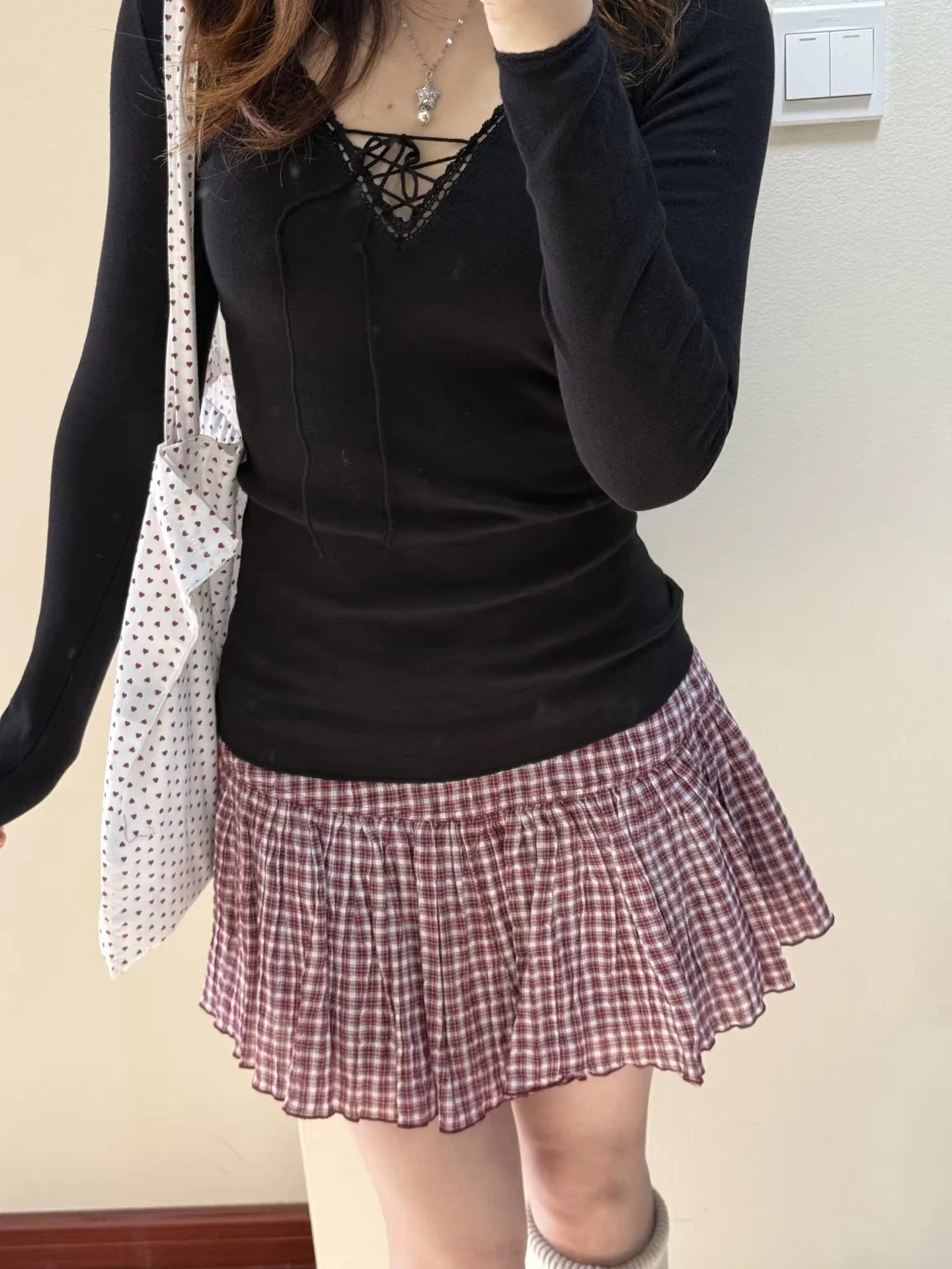 Red Plaid A-line Shirks Women Cotton High Waist Elastic Ruffles Hem Sweet Mini Skirts Vintage Cute Streetwear Falda