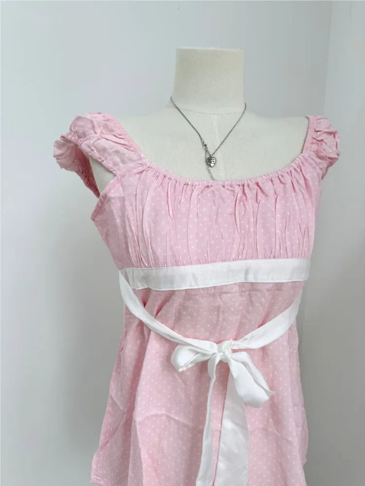 Pink Polka Dot Babydoll Top Women Summer New Casual Slim Lace-up Square Collar Tee Tops Sweet Vintage Preppy Style T-shirts Y2K