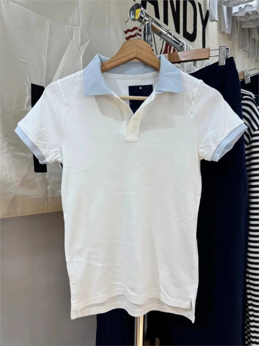 White Blue Patchwork Polo T-shirt Women Summer Cotton Turn Down Collar Short Sleeve Tees Sweet Preppy Style T Shirt Clothes Y2K