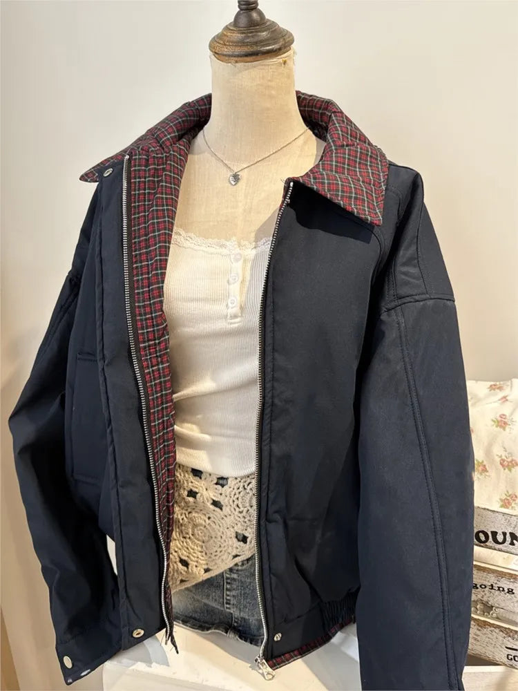 Vintage Internal Red Plaid Zipper Flight Jacket Women Autumn Cotton Warm Thick Stand Collar Jackets Chic Simple Loose Tops Y2K