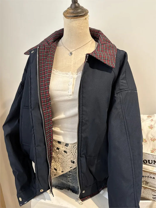 Vintage Internal Red Plaid Zipper Flight Jacket Women Autumn Cotton Warm Thick Stand Collar Jackets Chic Simple Loose Tops Y2K