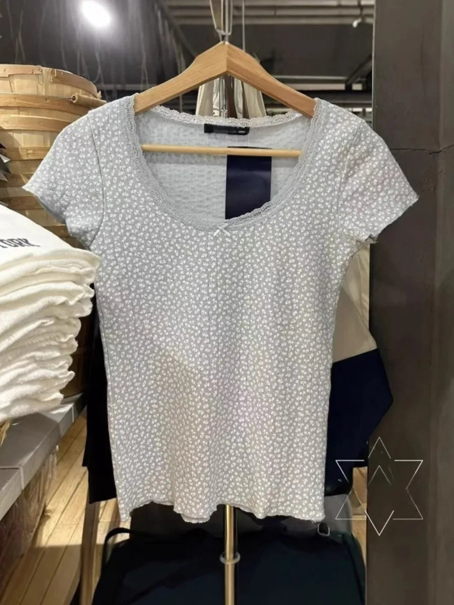 Lace Trim Floral Short Sleeve Tees Women Summer New Casual Cotton Blue Bow O-neck Top Tshirt Sweet Preppy Style Cute T-shirt Y2K