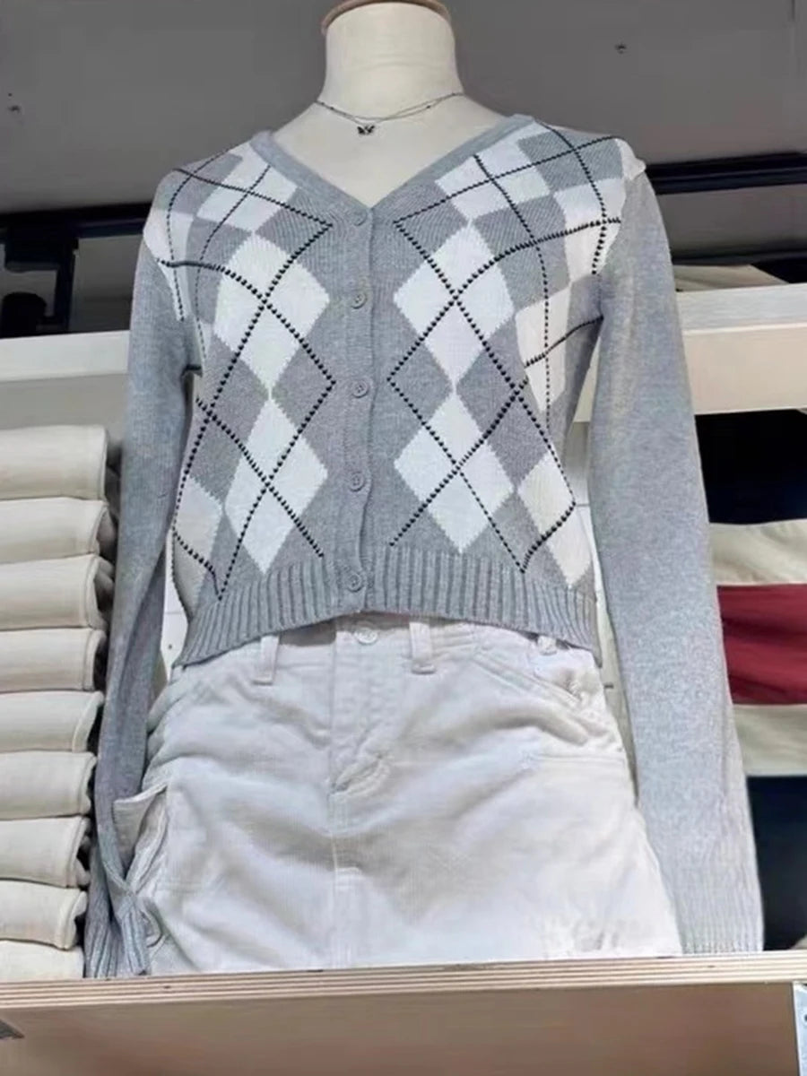 Vintage Plaid Knitted V-neck Cardigan Women New Cotton Slim Gray Streetwear Patchwork Sweater Coat Harajuku Chic Y2K Jumper Tops