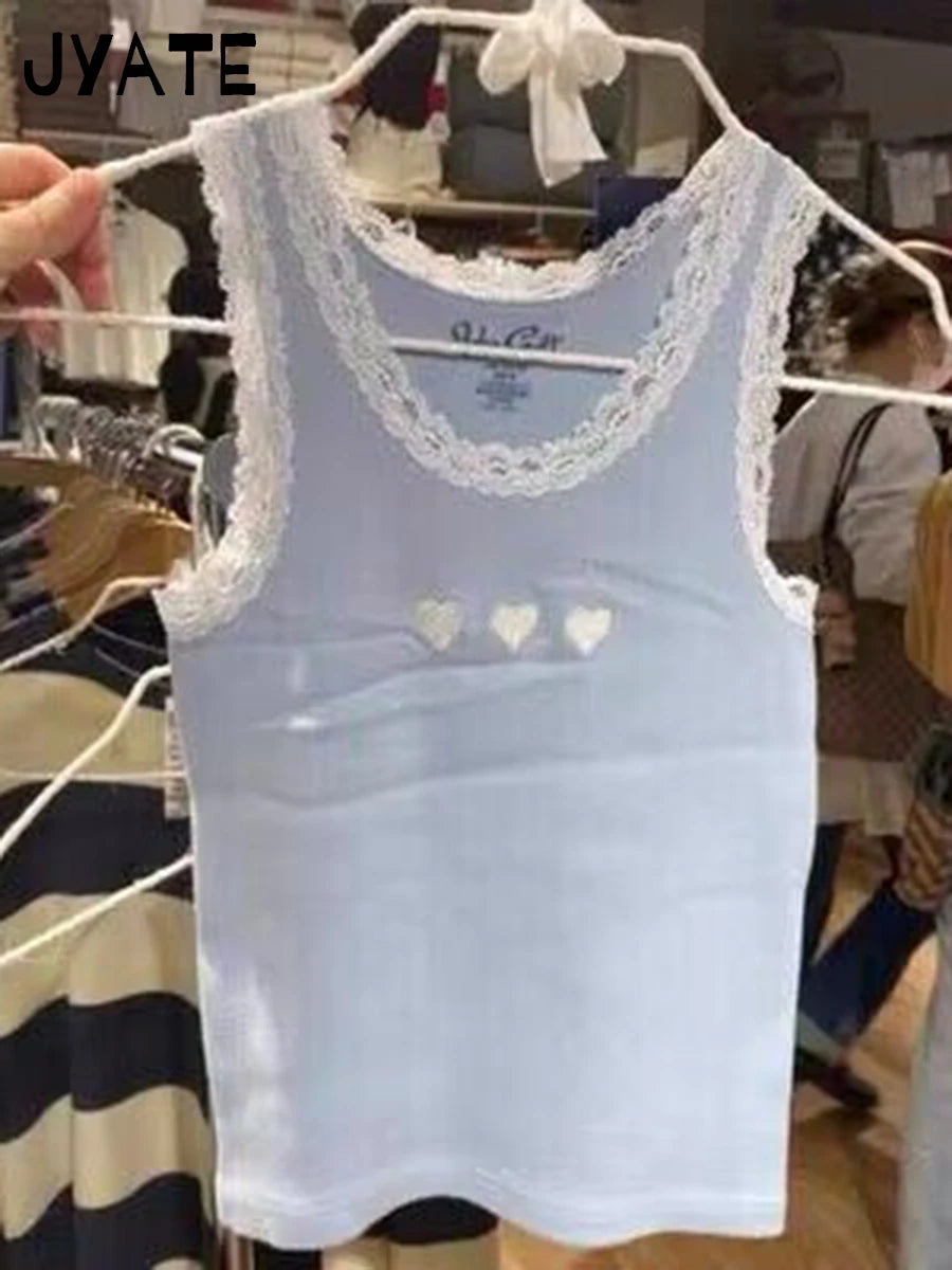 New Sweet Blue Lace Trim Tank Tops Women Summer Cotton Slim Sexy Simple Sleeveless Vests Harajuku Vintage Cute Camis Y2K Clothes