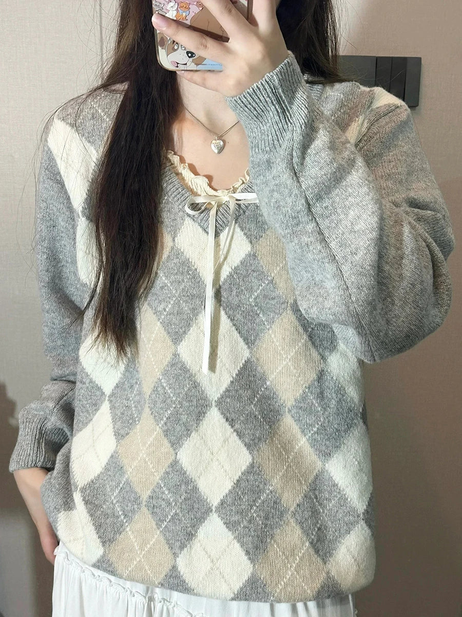 Fashion Loose Argyle Preppy Sweater Women Autumn Cotton V-neck Casual Long Sleeve Pullover Tops Streetwear Vintage Chic Jumpers