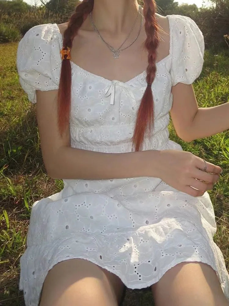 Sweet White Summer Women Dress Cotton Blend Lapel Puff Sleeve Academic Style Short Dress Chic Waist Tied A-line Tutu Dress New